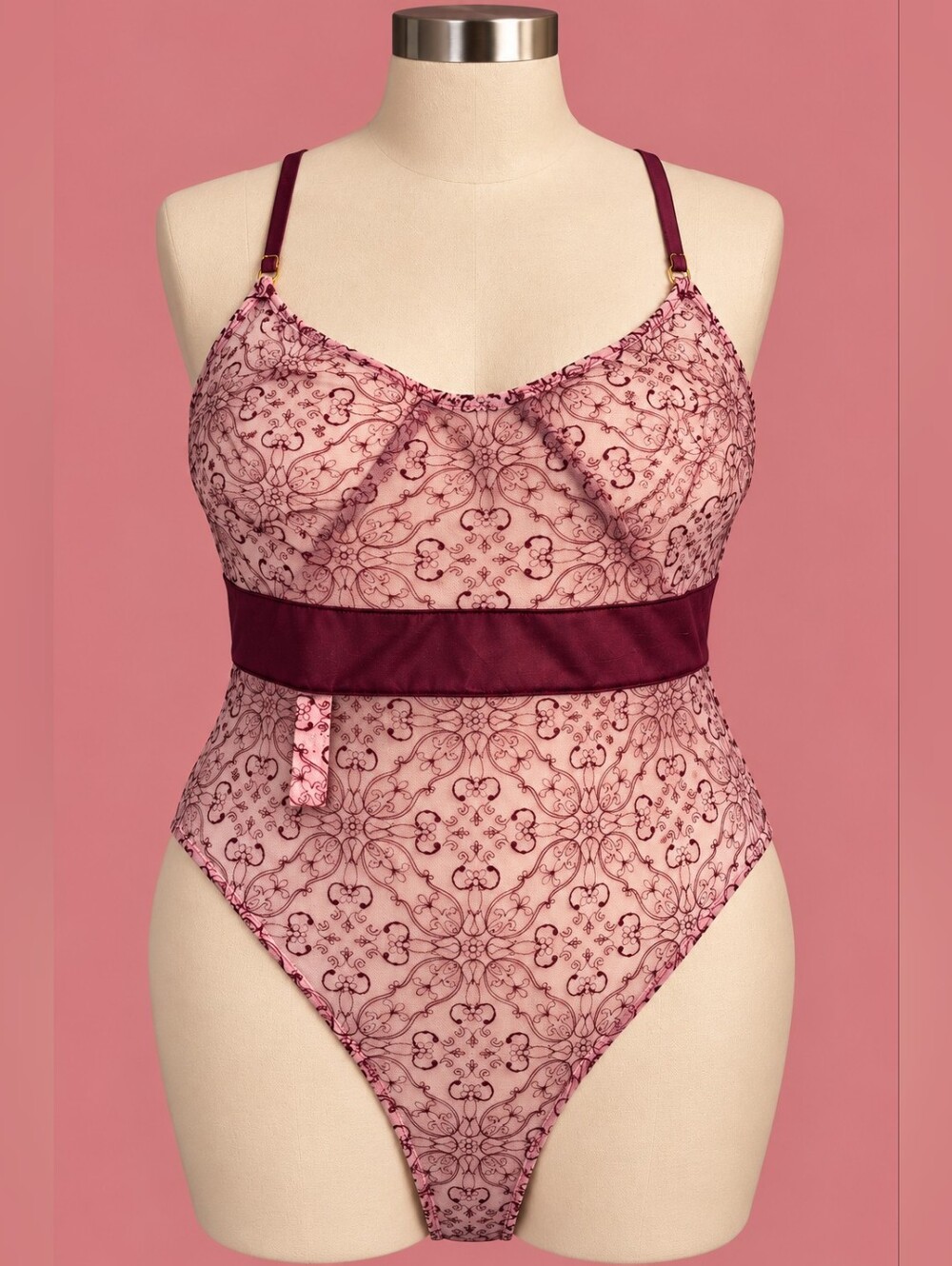 Victoria's Secret Pink Lace-Print Bodysuit with Burgundy Band